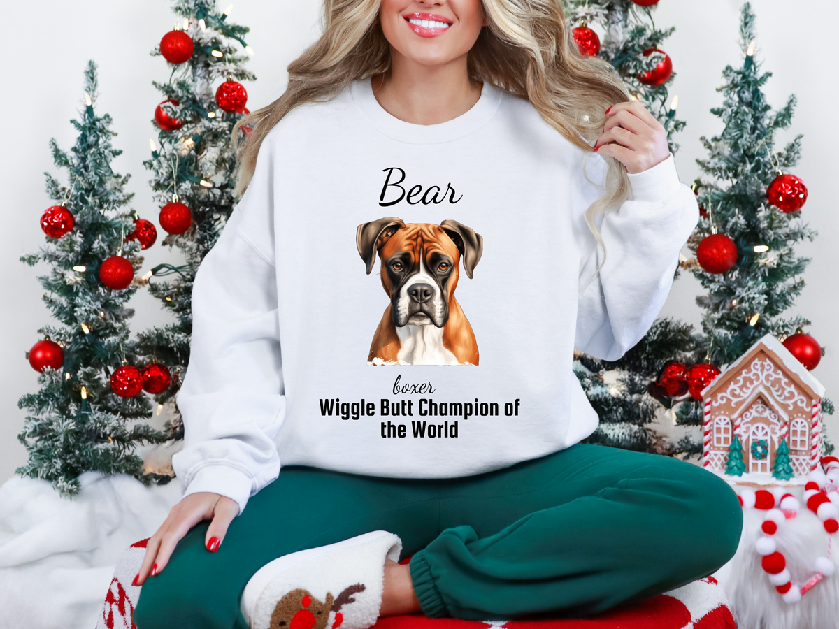 Personalized Boxer Dog Sweatshirt – “Wiggle Butt Champion of the World” | Custom Unisex Christmas Gift, Funny Dog Lover Sweatshirt, Pet Gift for Him or Her