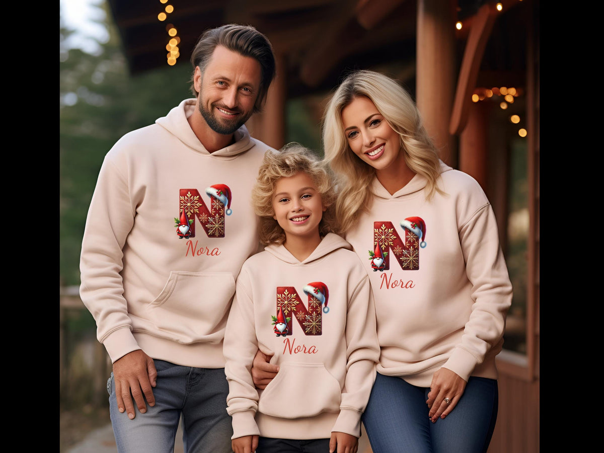 Personalized Christmas Gnome Hoodie: Initial & Name, Holiday Family Apparel