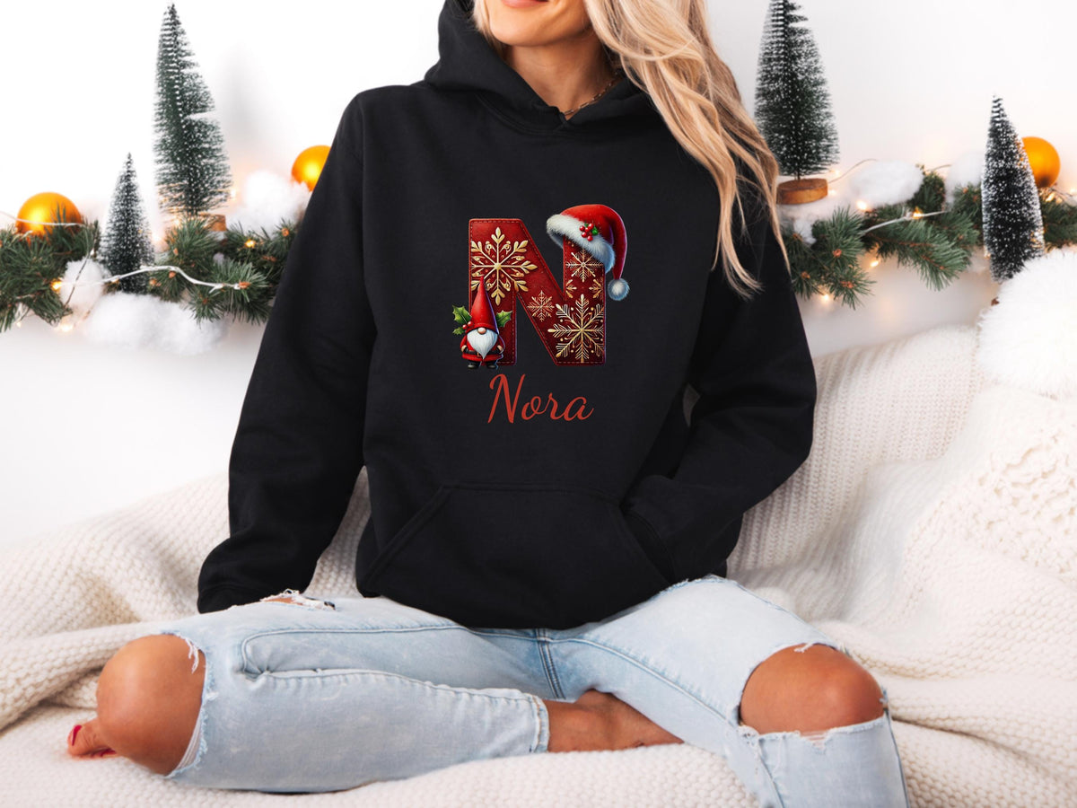 Personalized Christmas Gnome Hoodie: Initial & Name, Holiday Family Apparel