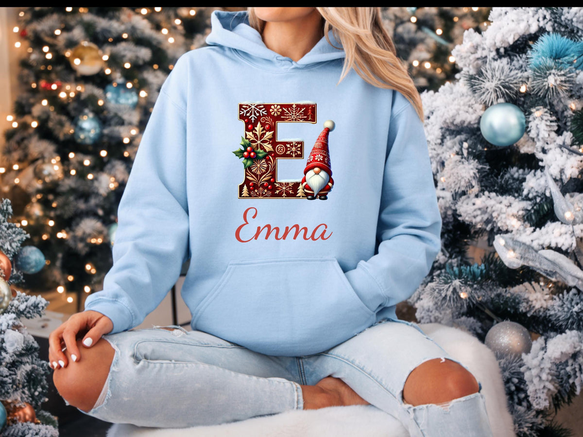 Personalized Christmas Gnome Hoodie: Initial & Name, Holiday Family Apparel