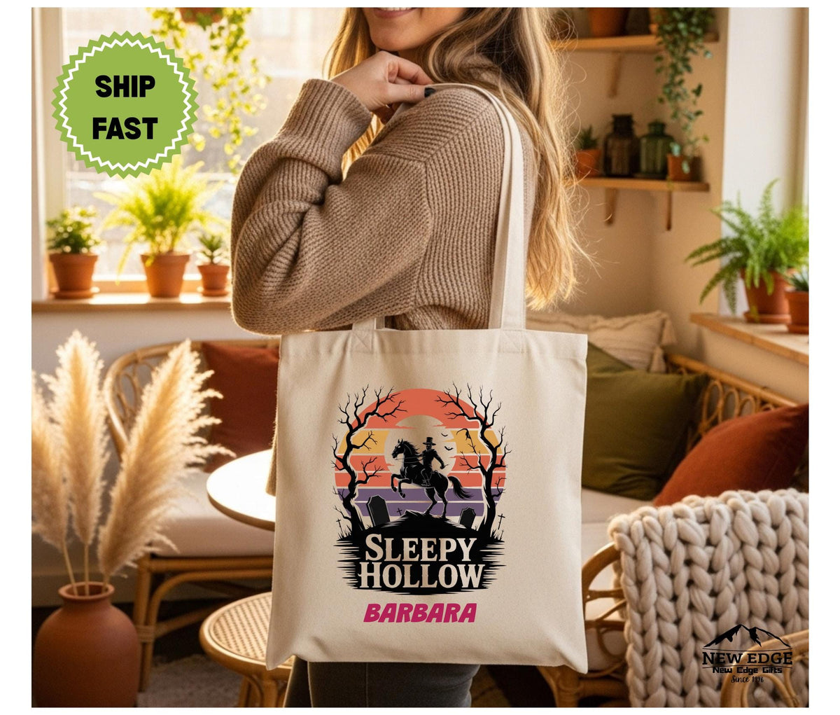 Personalized Halloween Tote Bag  Sleepy Hollow Headless Horseman & Graveyard Scene, Cotton Canvas Bag