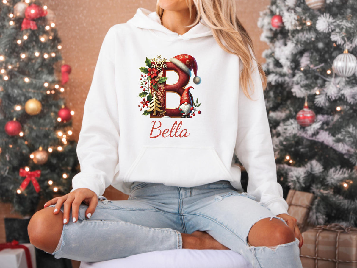 Personalized Christmas Gnome Hoodie: Initial & Name, Holiday Family Apparel