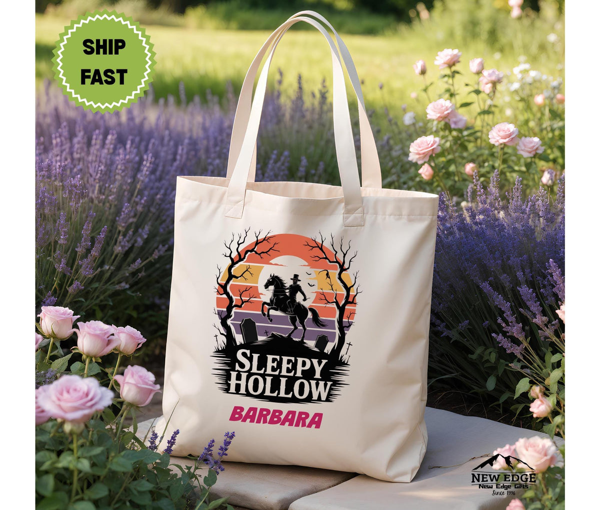 Personalized Halloween Tote Bag  Sleepy Hollow Headless Horseman & Graveyard Scene, Cotton Canvas Bag