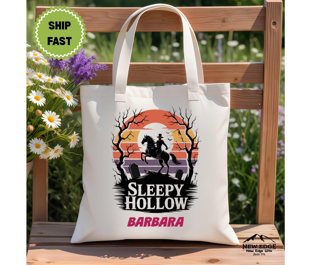 Personalized Halloween Tote Bag  Sleepy Hollow Headless Horseman & Graveyard Scene, Cotton Canvas Bag