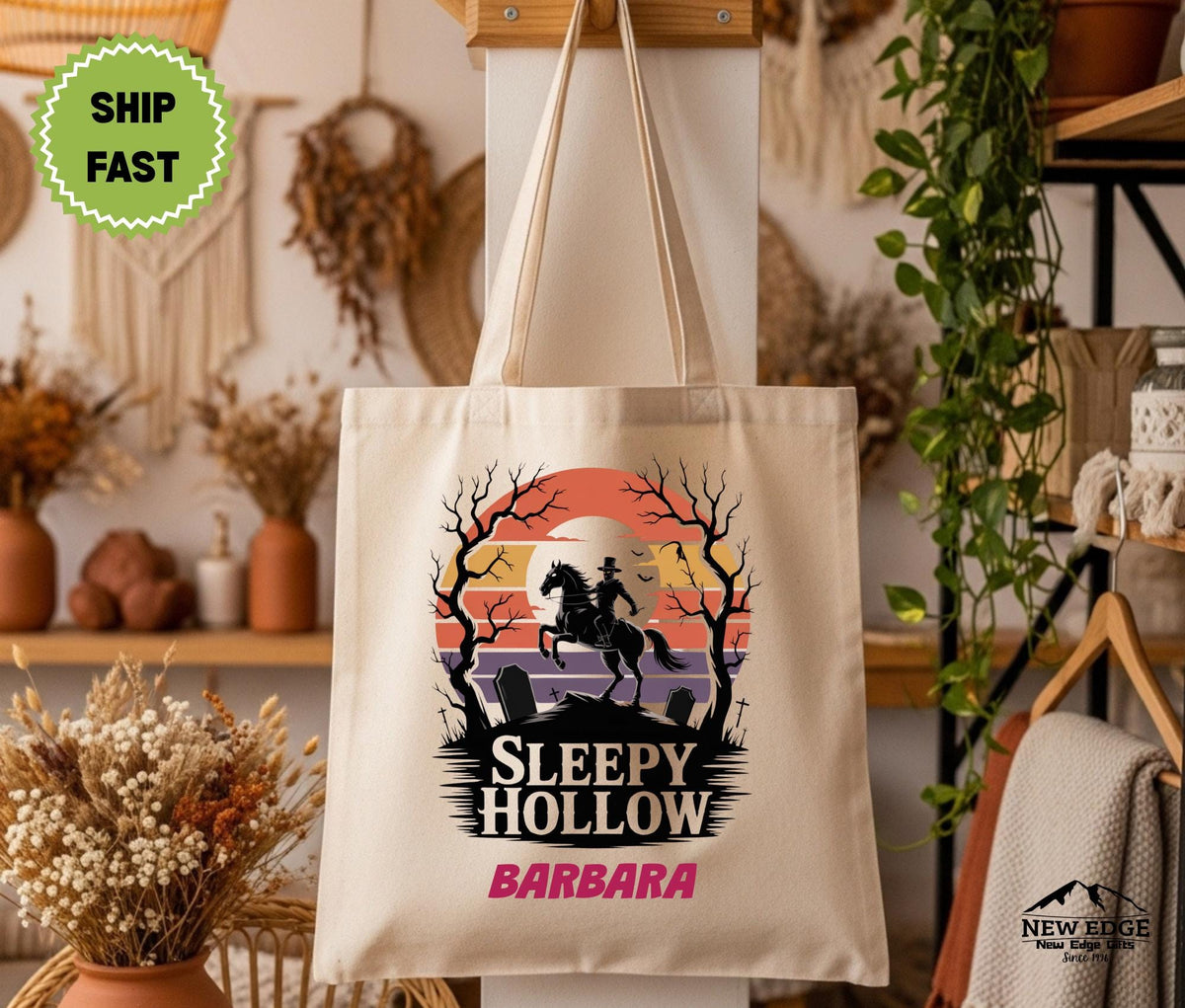 Personalized Halloween Tote Bag  Sleepy Hollow Headless Horseman & Graveyard Scene, Cotton Canvas Bag