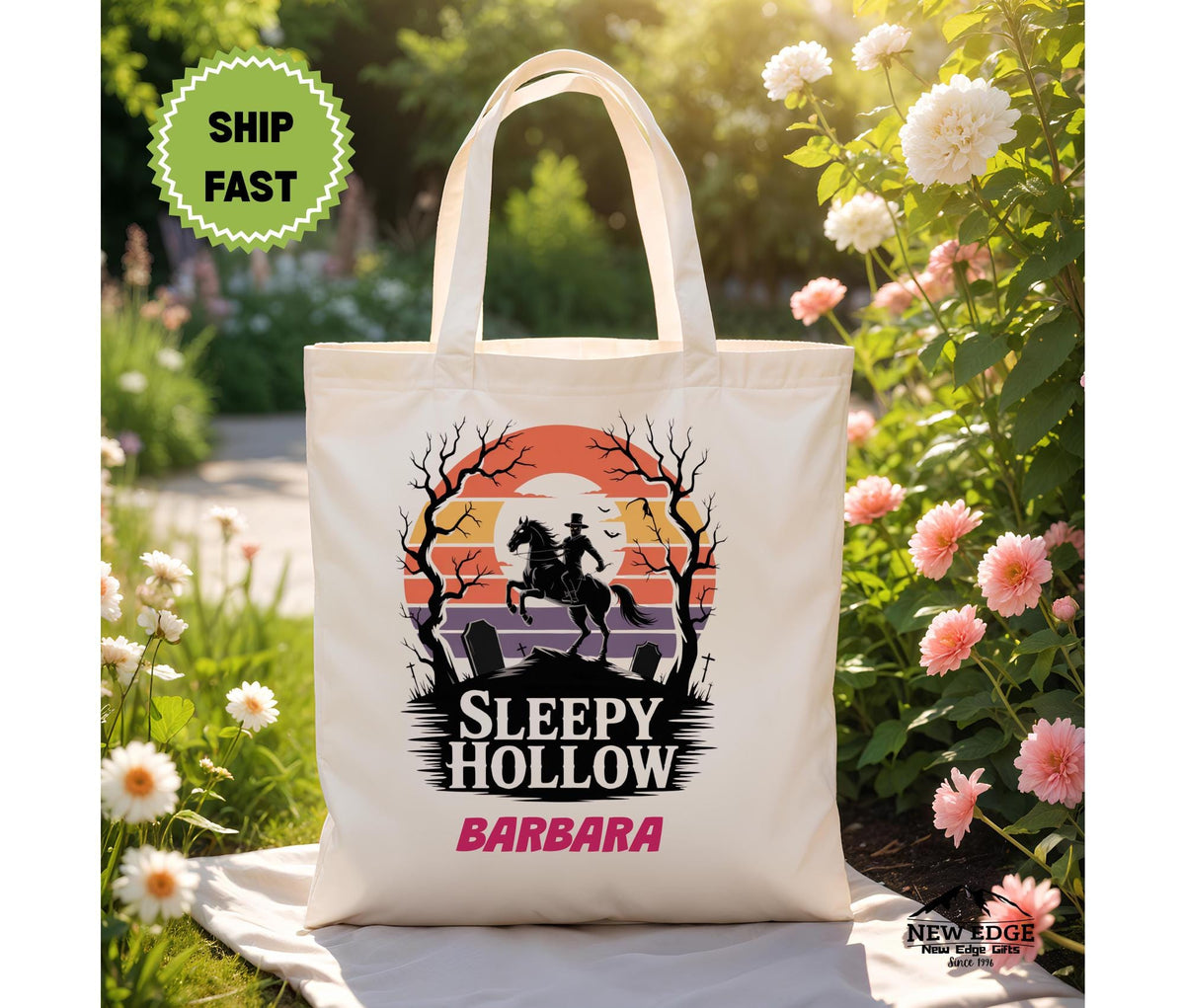 Personalized Halloween Tote Bag  Sleepy Hollow Headless Horseman & Graveyard Scene, Cotton Canvas Bag