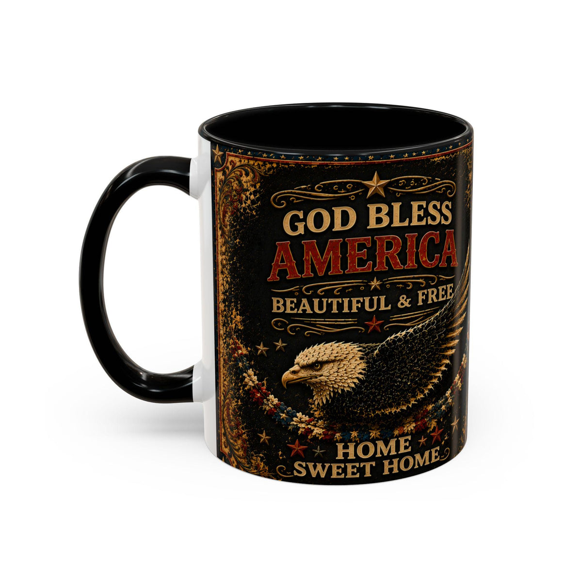 God Bless America Accent Mug - Beautiful and Free Faux Patchwork Floral Patriotic 11oz and 15oz Wrap Mug