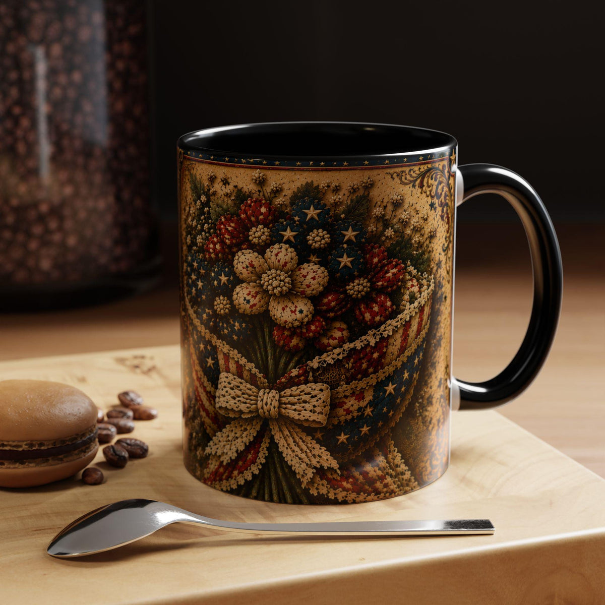 God Bless America Accent Mug - Beautiful and Free Faux Patchwork Floral Patriotic 11oz and 15oz Wrap Mug