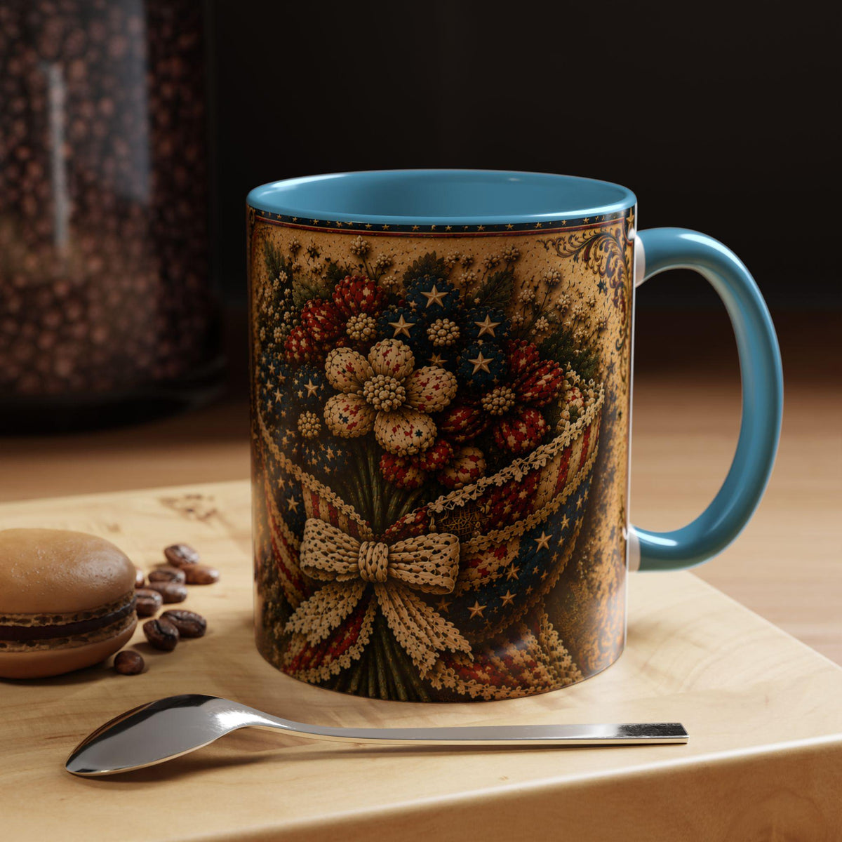 God Bless America Accent Mug - Beautiful and Free Faux Patchwork Floral Patriotic 11oz and 15oz Wrap Mug