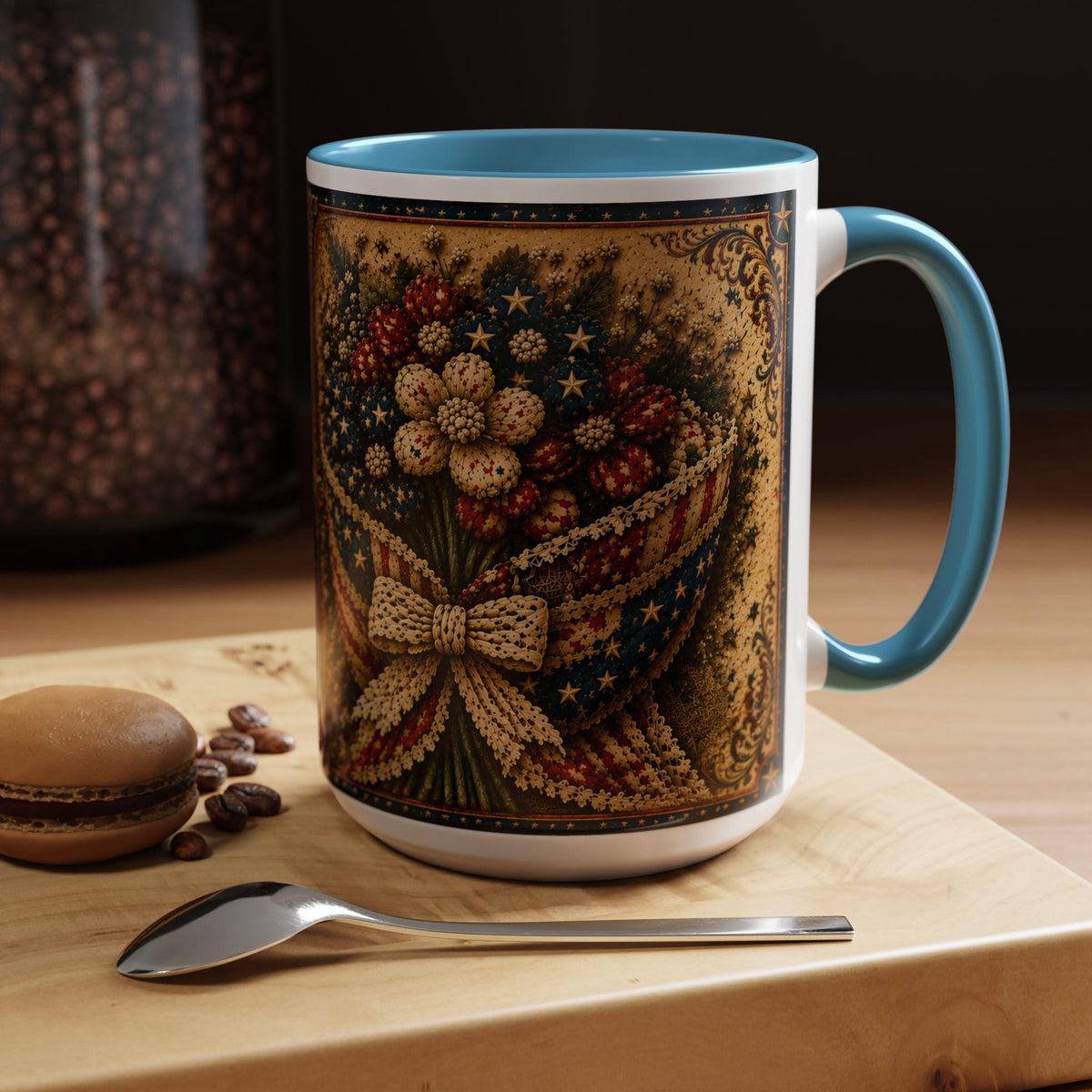 God Bless America Accent Mug - Beautiful and Free Faux Patchwork Floral Patriotic 11oz and 15oz Wrap Mug