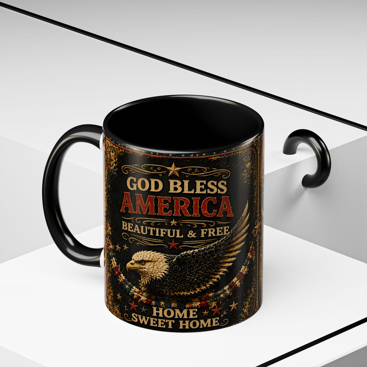 God Bless America Accent Mug - Beautiful and Free Faux Patchwork Floral Patriotic 11oz and 15oz Wrap Mug