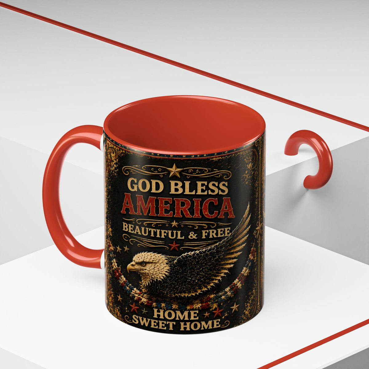 God Bless America Accent Mug - Beautiful and Free Faux Patchwork Floral Patriotic 11oz and 15oz Wrap Mug