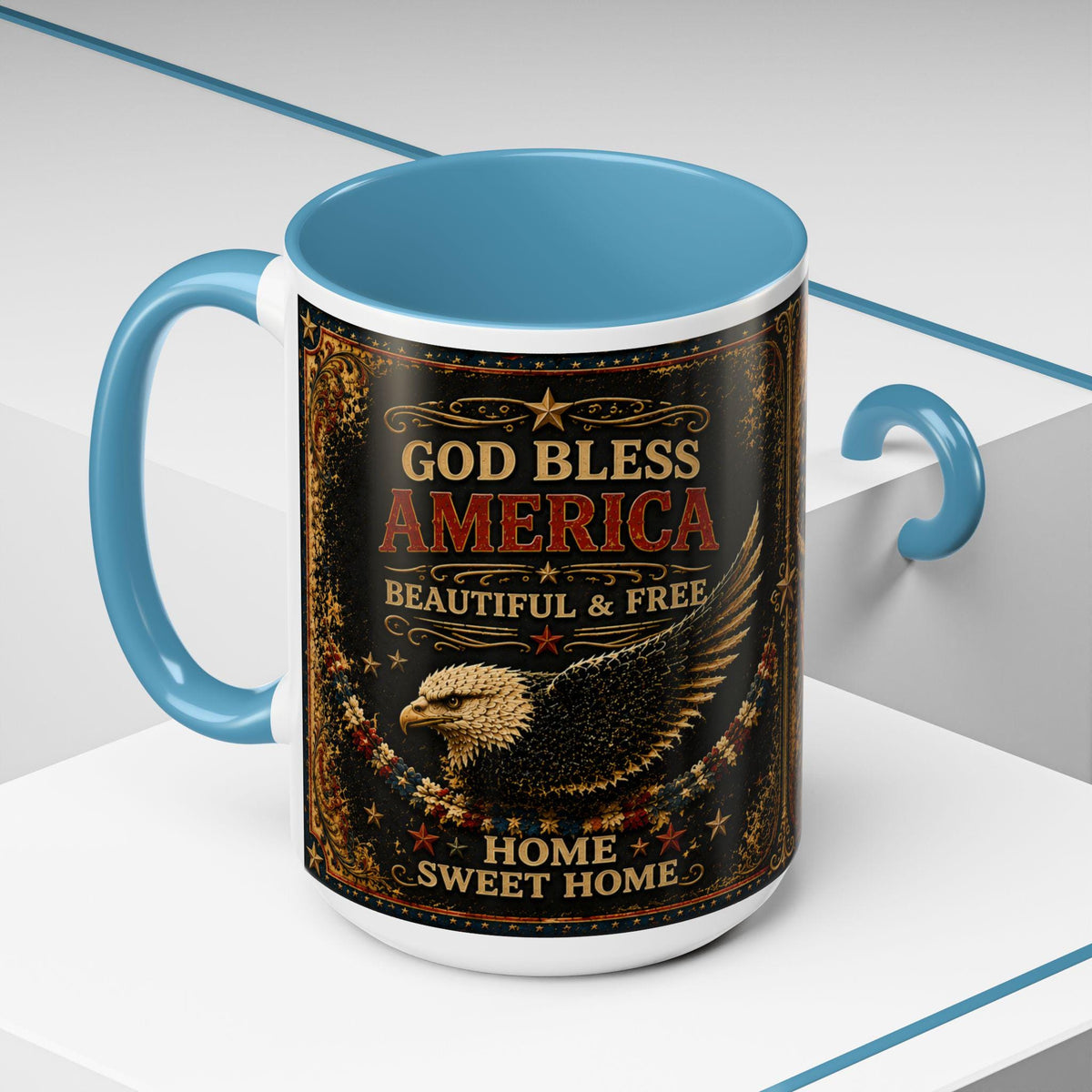 God Bless America Accent Mug - Beautiful and Free Faux Patchwork Floral Patriotic 11oz and 15oz Wrap Mug