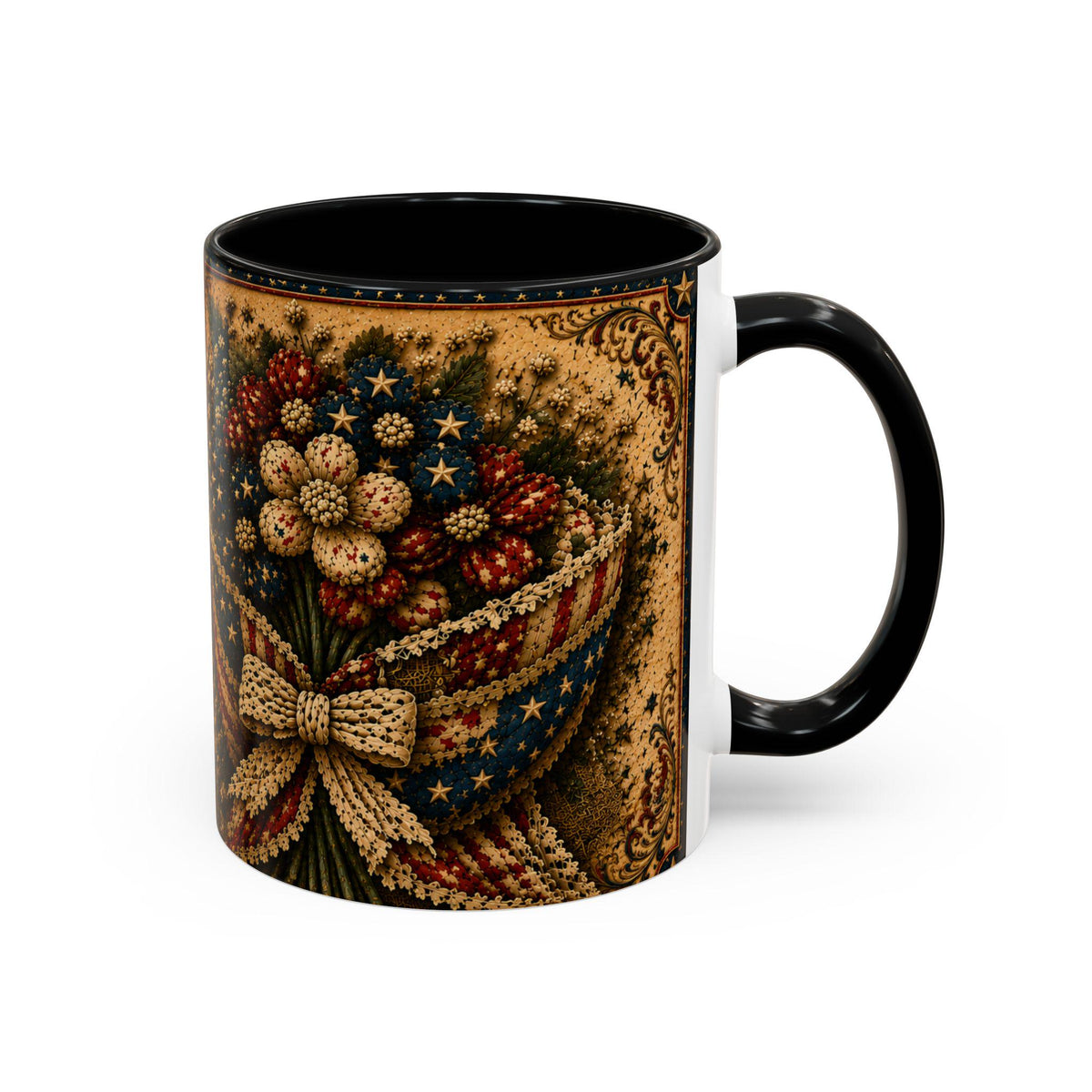 God Bless America Accent Mug - Beautiful and Free Faux Patchwork Floral Patriotic 11oz and 15oz Wrap Mug