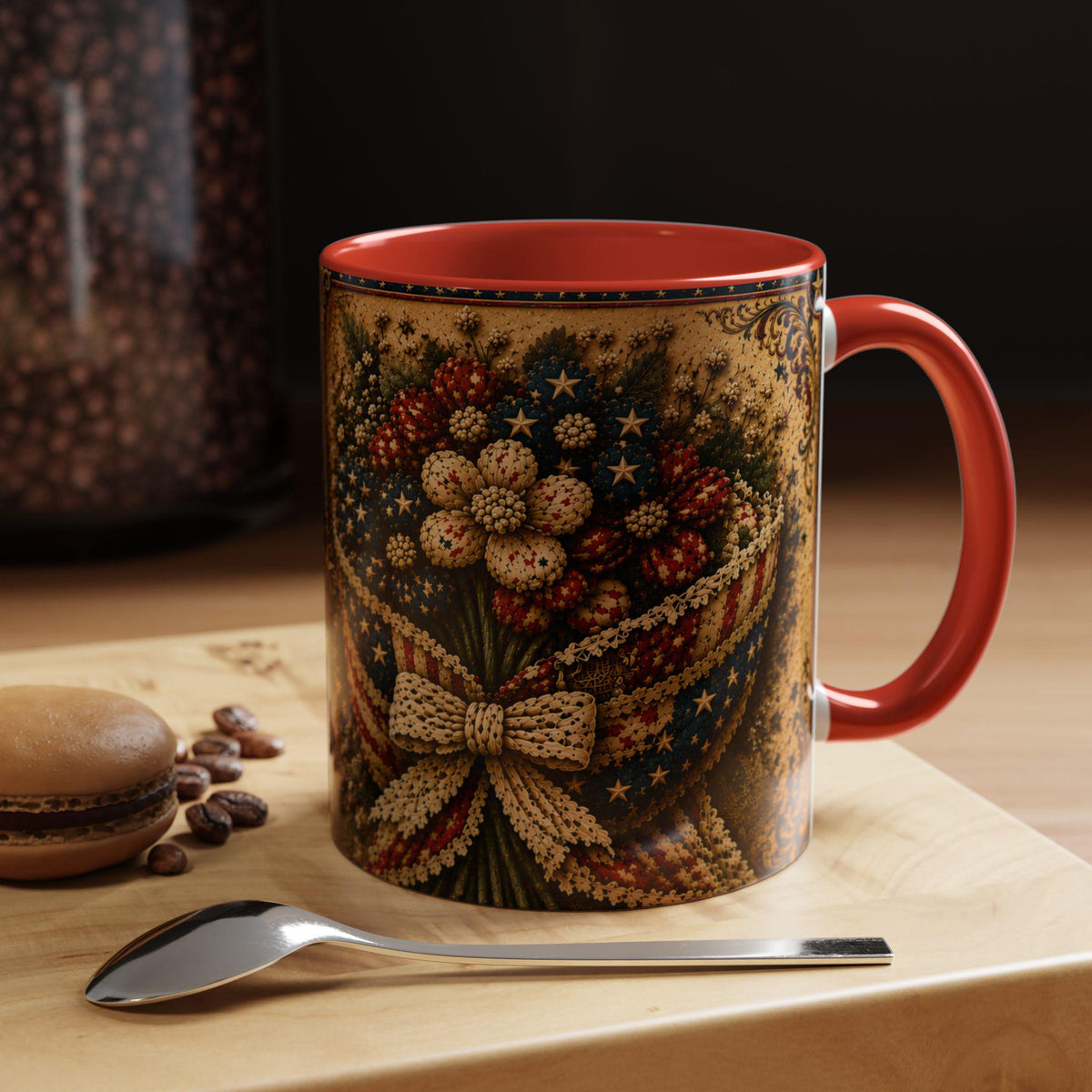 God Bless America Accent Mug - Beautiful and Free Faux Patchwork Floral Patriotic 11oz and 15oz Wrap Mug