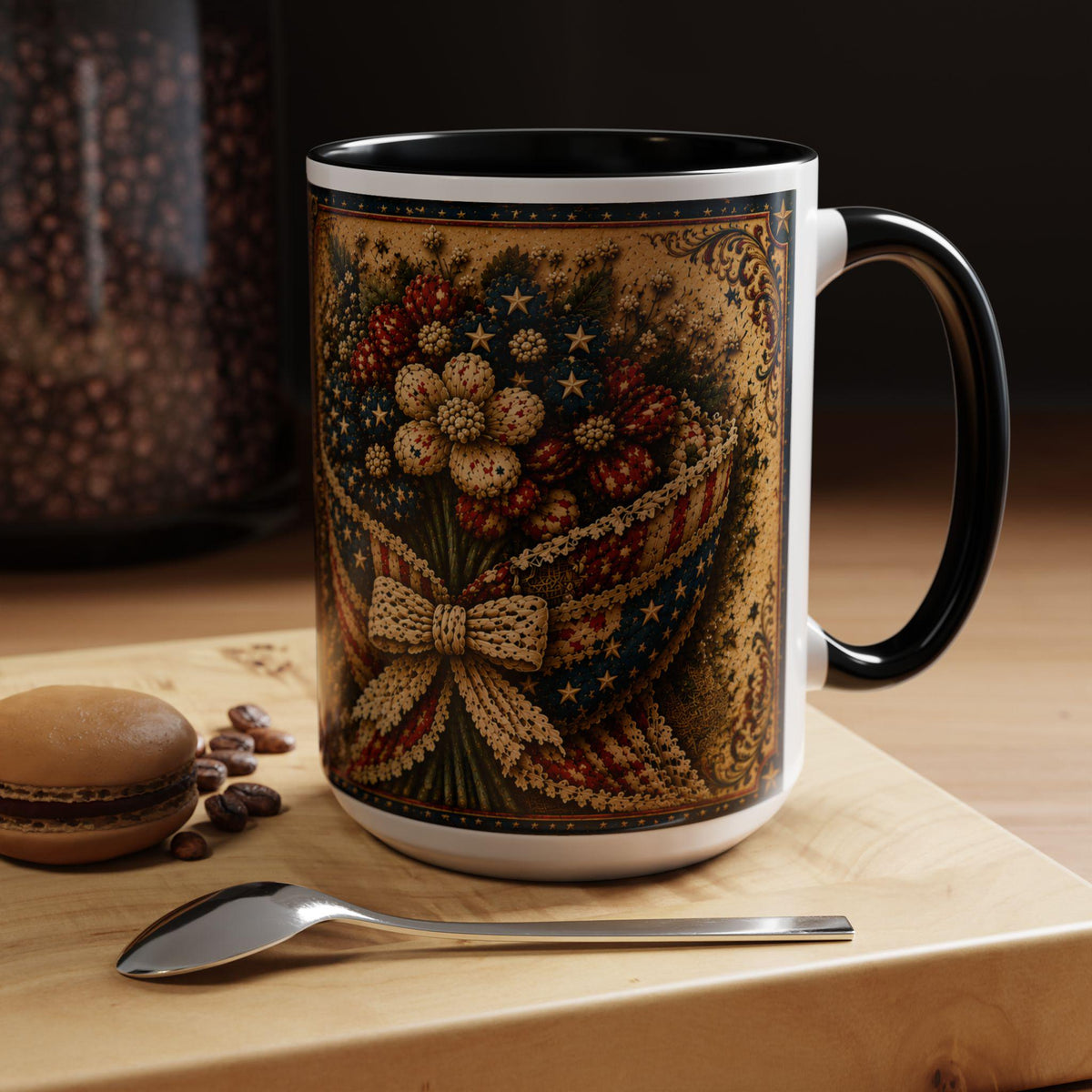 God Bless America Accent Mug - Beautiful and Free Faux Patchwork Floral Patriotic 11oz and 15oz Wrap Mug