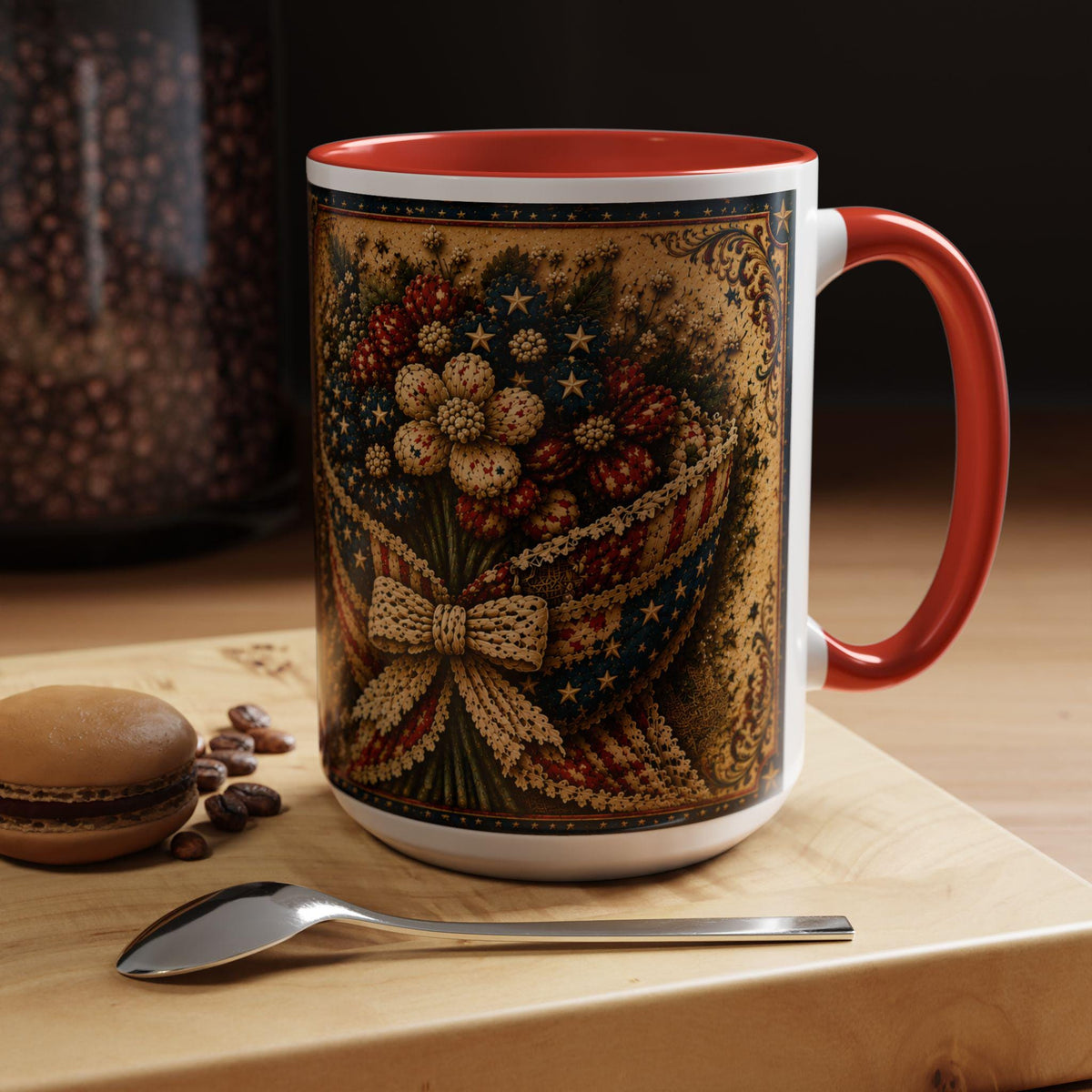 God Bless America Accent Mug - Beautiful and Free Faux Patchwork Floral Patriotic 11oz and 15oz Wrap Mug