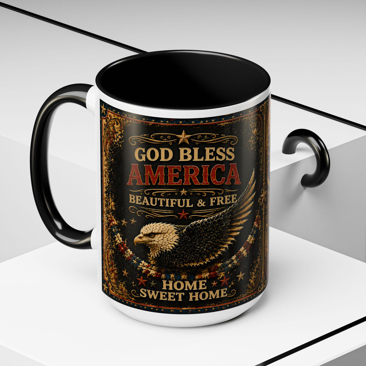 God Bless America Accent Mug - Beautiful and Free Faux Patchwork Floral Patriotic 11oz and 15oz Wrap Mug