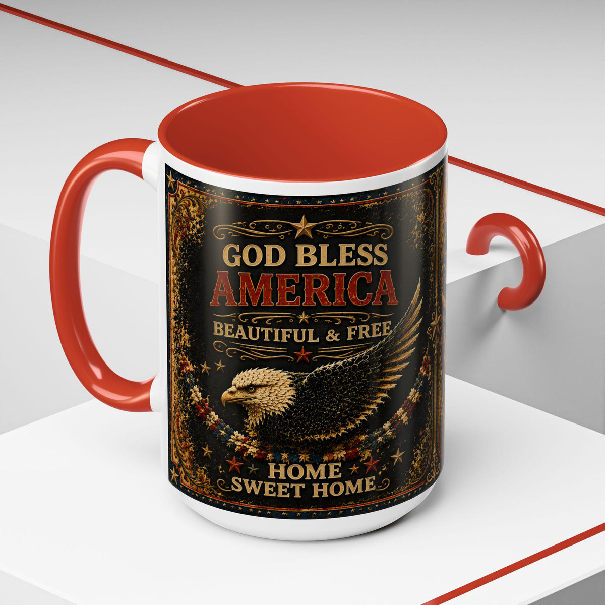 God Bless America Accent Mug - Beautiful and Free Faux Patchwork Floral Patriotic 11oz and 15oz Wrap Mug