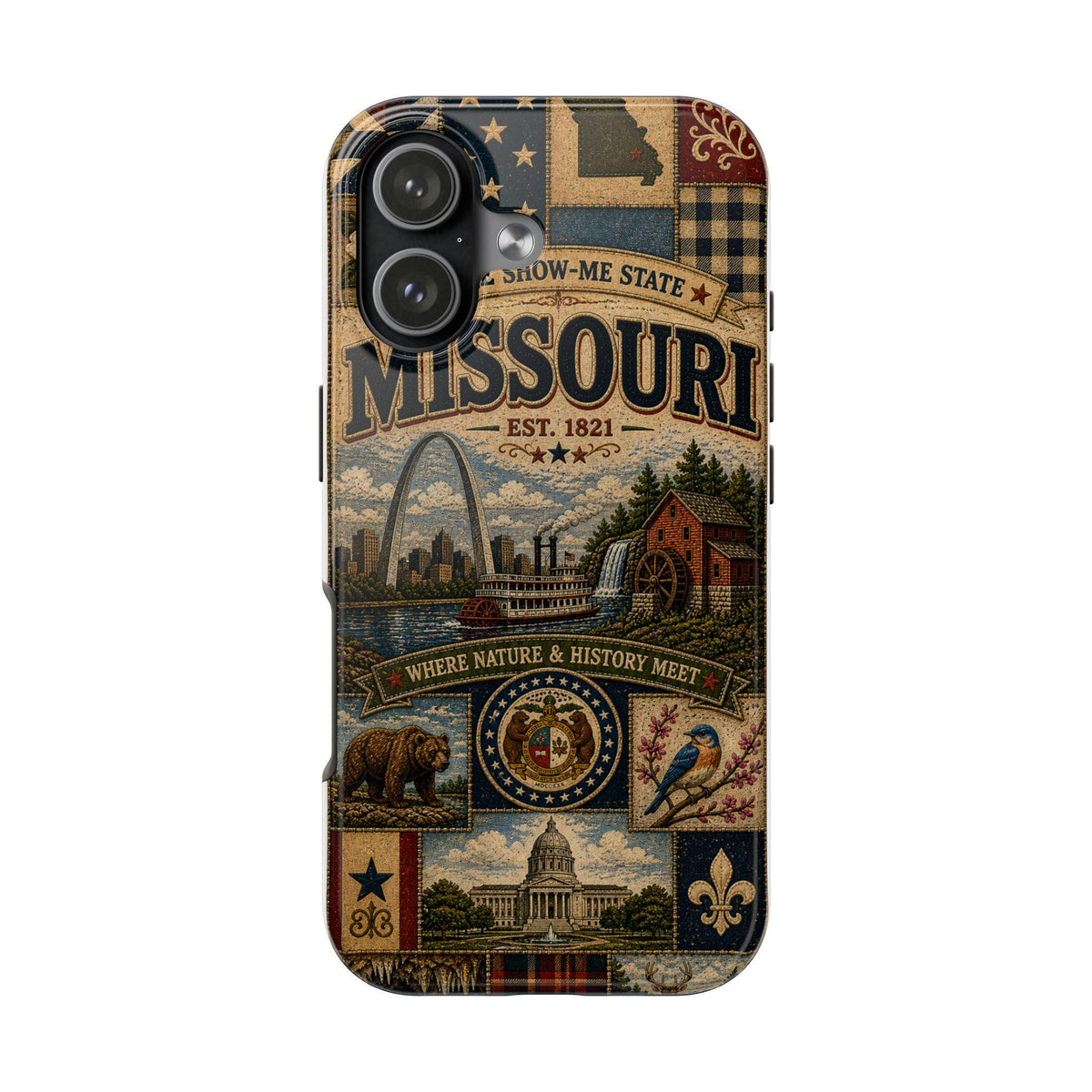 Missouri Faux Patchwork Phone Case Show Me State Gateway Arch Riverboat Retro iPhone Cover