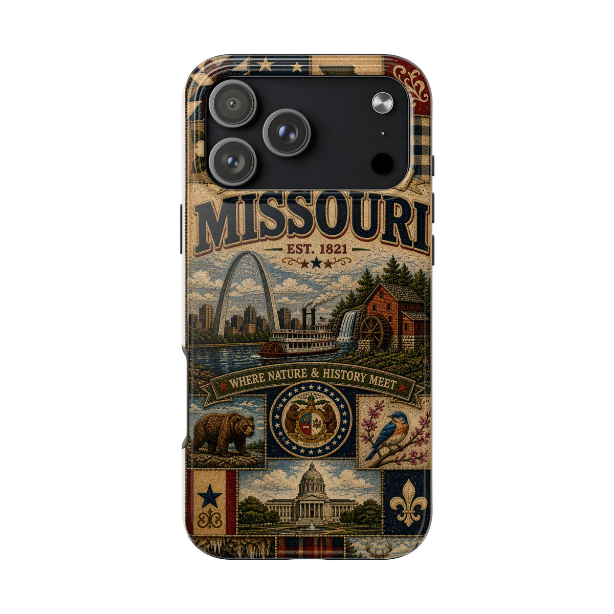 Missouri Faux Patchwork Phone Case Show Me State Gateway Arch Riverboat Retro iPhone Cover