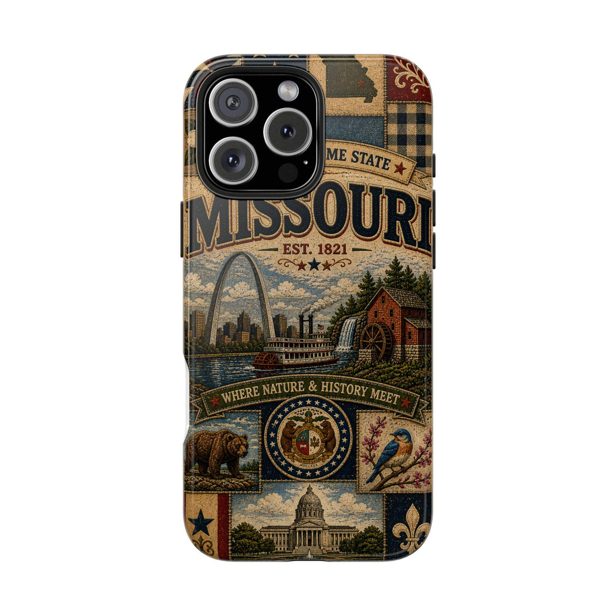 Missouri Faux Patchwork Phone Case Show Me State Gateway Arch Riverboat Retro iPhone Cover