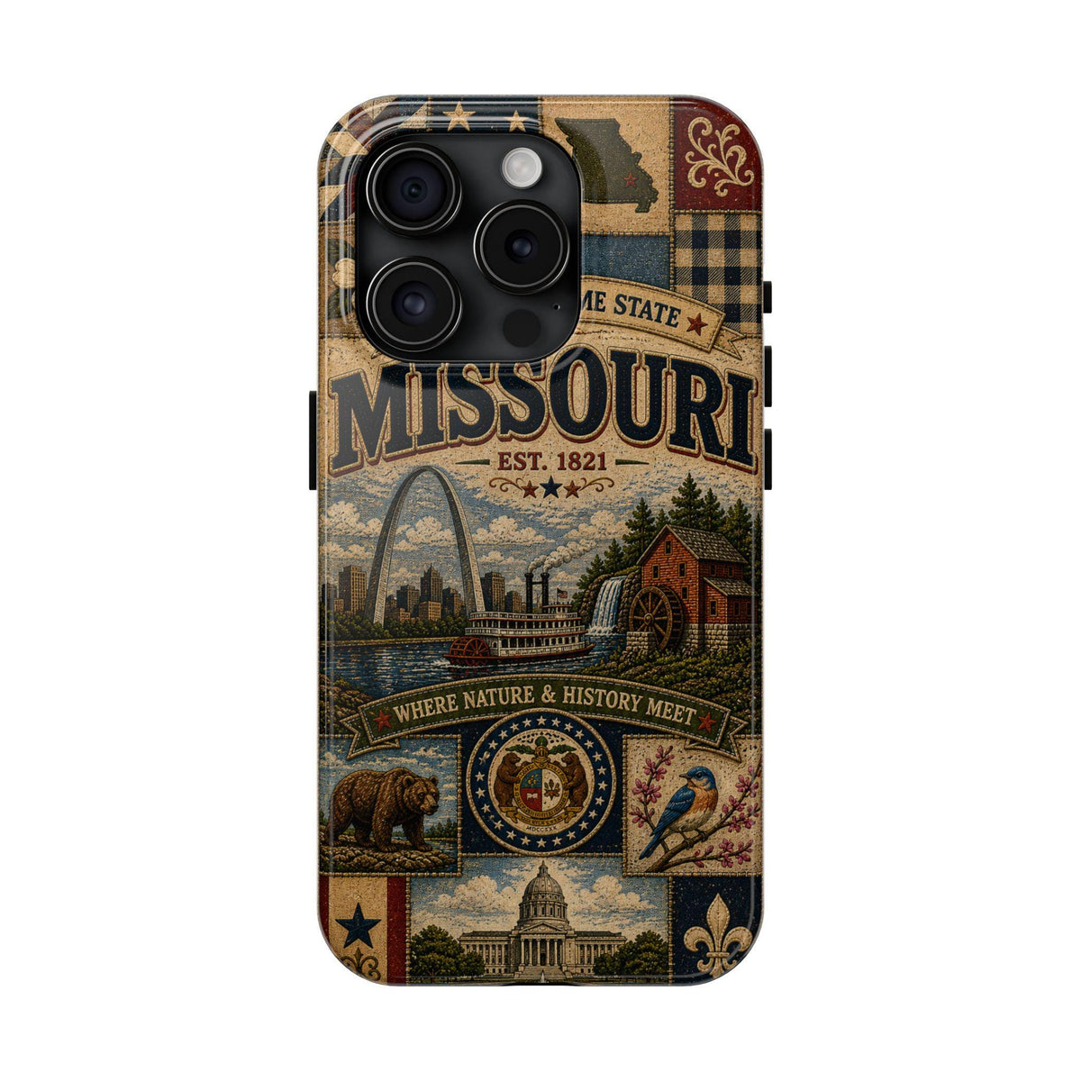 Missouri Faux Patchwork Phone Case Show Me State Gateway Arch Riverboat Retro iPhone Cover