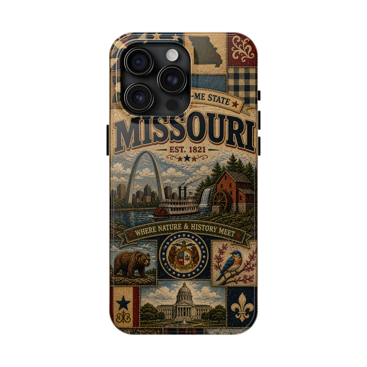 Missouri Faux Patchwork Phone Case Show Me State Gateway Arch Riverboat Retro iPhone Cover