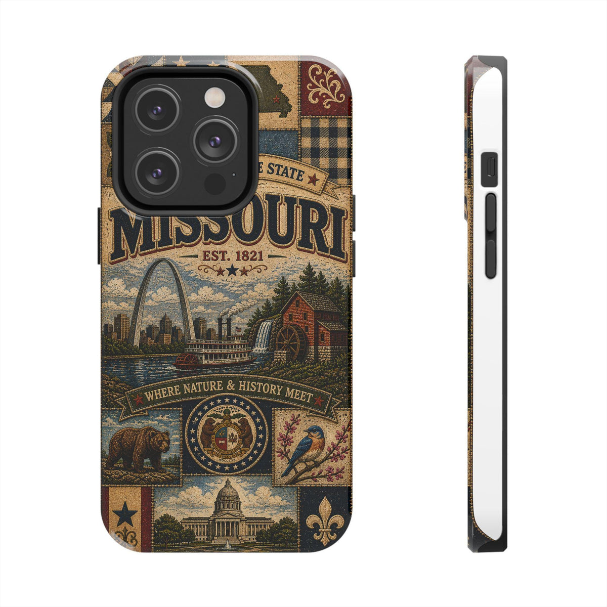 Missouri Faux Patchwork Phone Case Show Me State Gateway Arch Riverboat Retro iPhone Cover