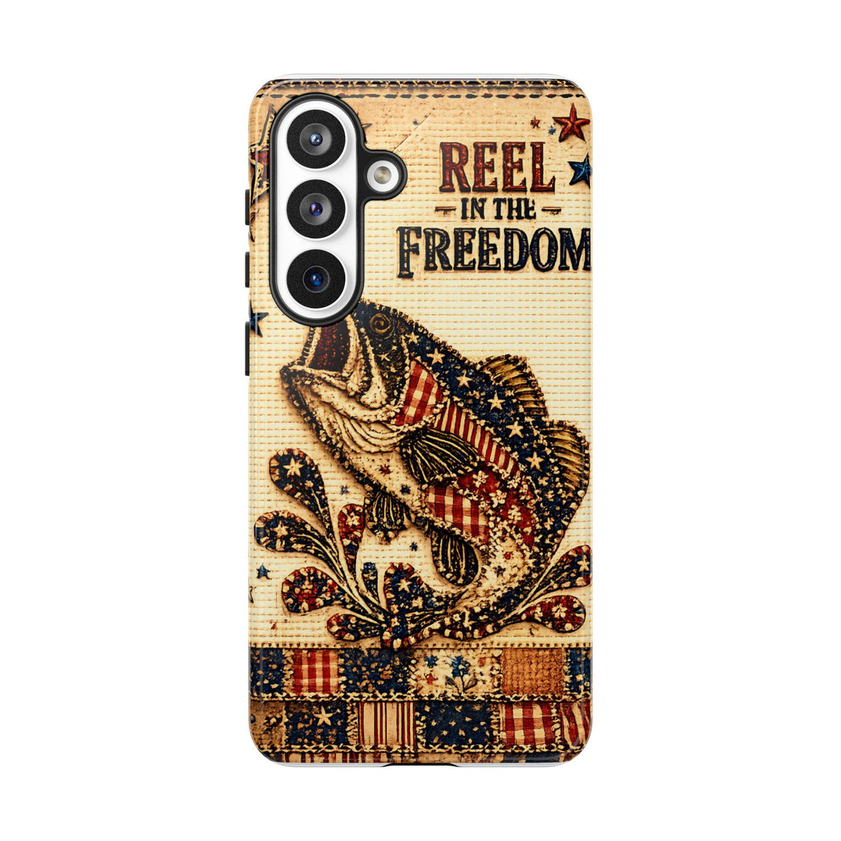 Reel in the Freedom Phone Case Patriotic Fishing Faux Patchwork Americana iPhone Samsung Galaxy Cover