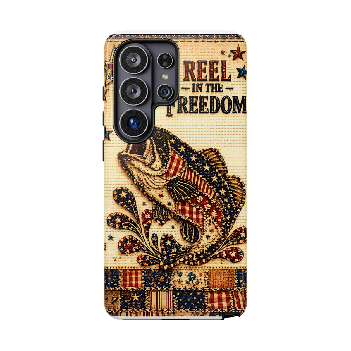 Reel in the Freedom Phone Case Patriotic Fishing Faux Patchwork Americana iPhone Samsung Galaxy Cover