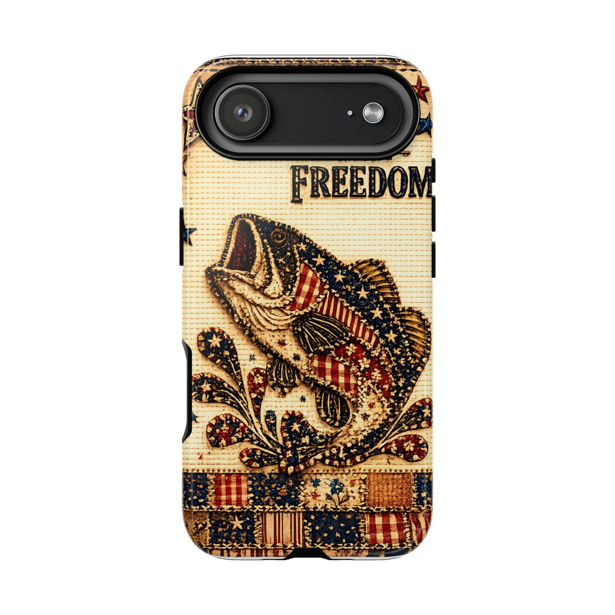 Reel in the Freedom Phone Case Patriotic Fishing Faux Patchwork Americana iPhone Samsung Galaxy Cover