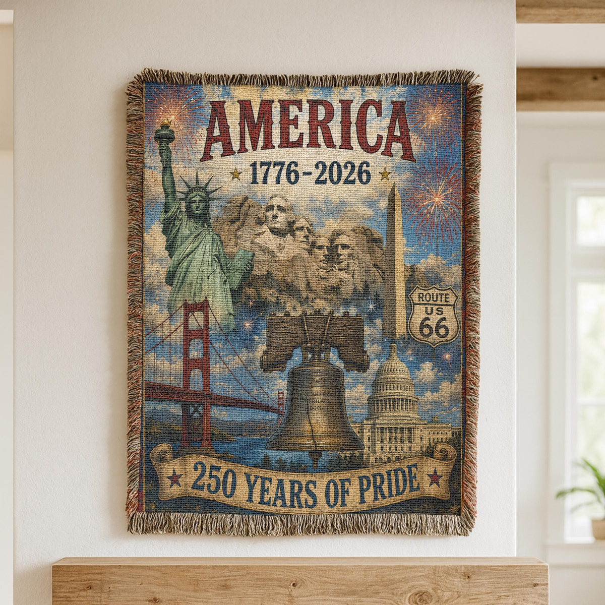 America's 250 Years of Pride Woven Blanket Patriotic Landmarks Throw Statue of Liberty Liberty Bell Mount Rushmore 1776-2026