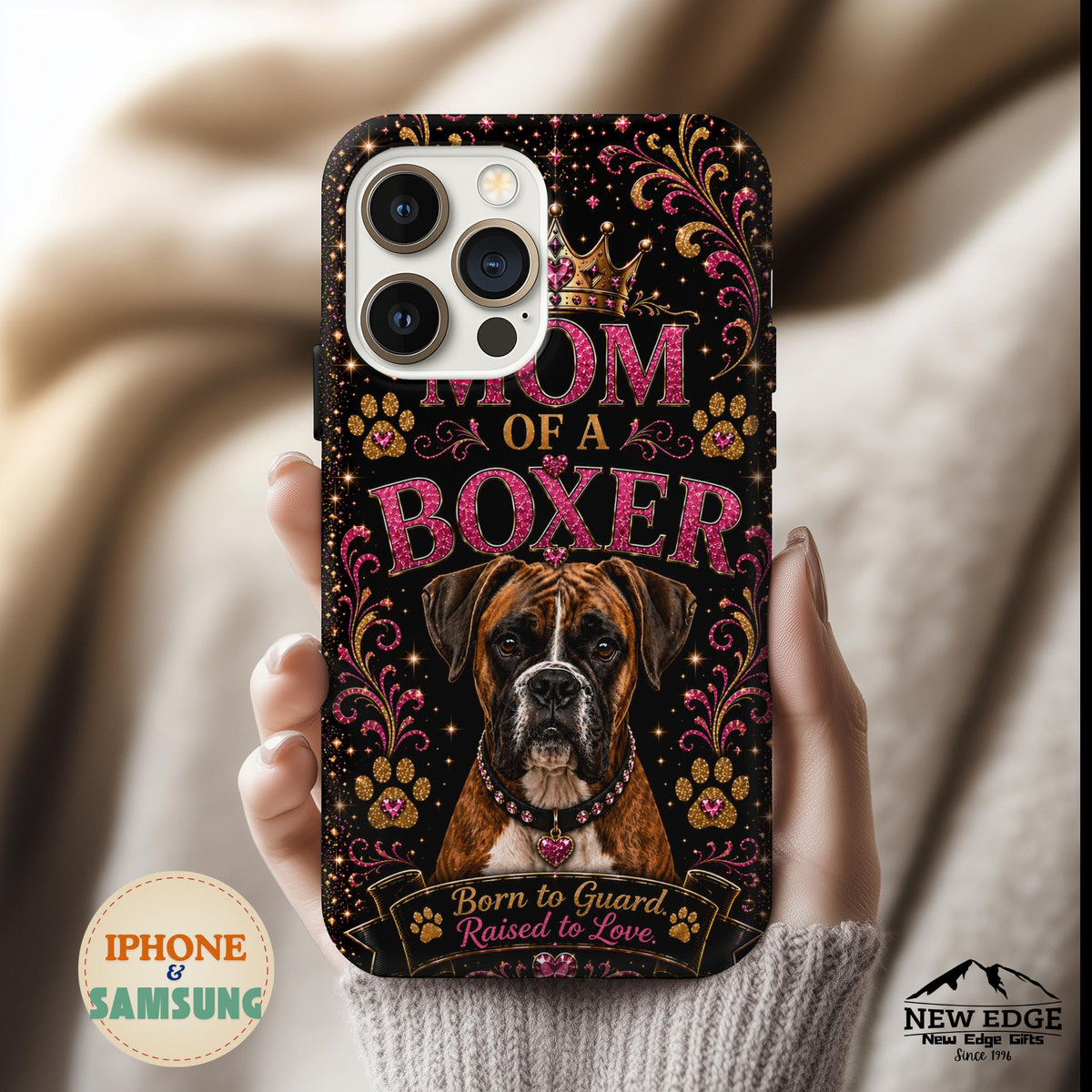 Mom of a Boxer Glitter Phone Case Born to Guard Raised to Love Vintage Dog Lover Gift Cover