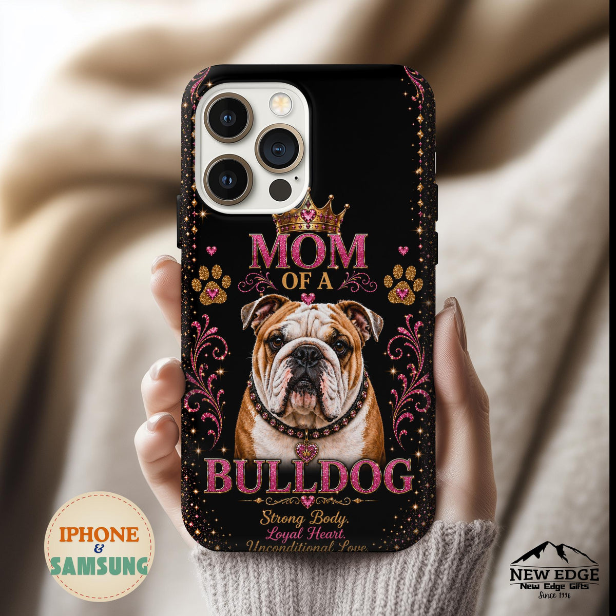 Mom of a Bulldog Glitter Phone Case Strong Body Loyal Heart Unconditional Love Vintage Dog Lover Gift Cover