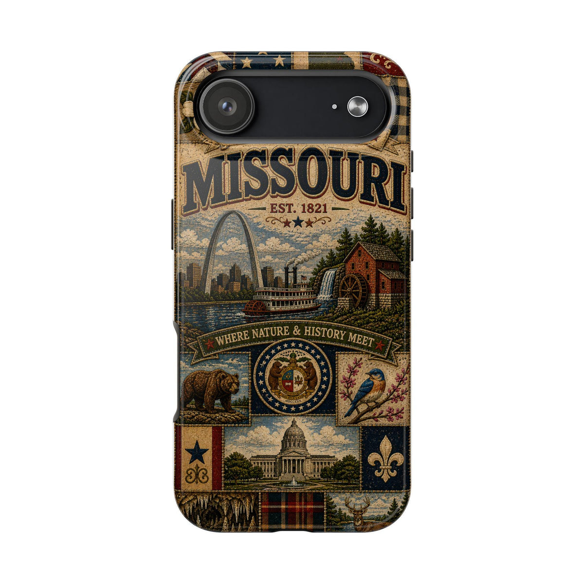 Missouri Faux Patchwork Phone Case Show Me State Gateway Arch Riverboat Retro iPhone Cover