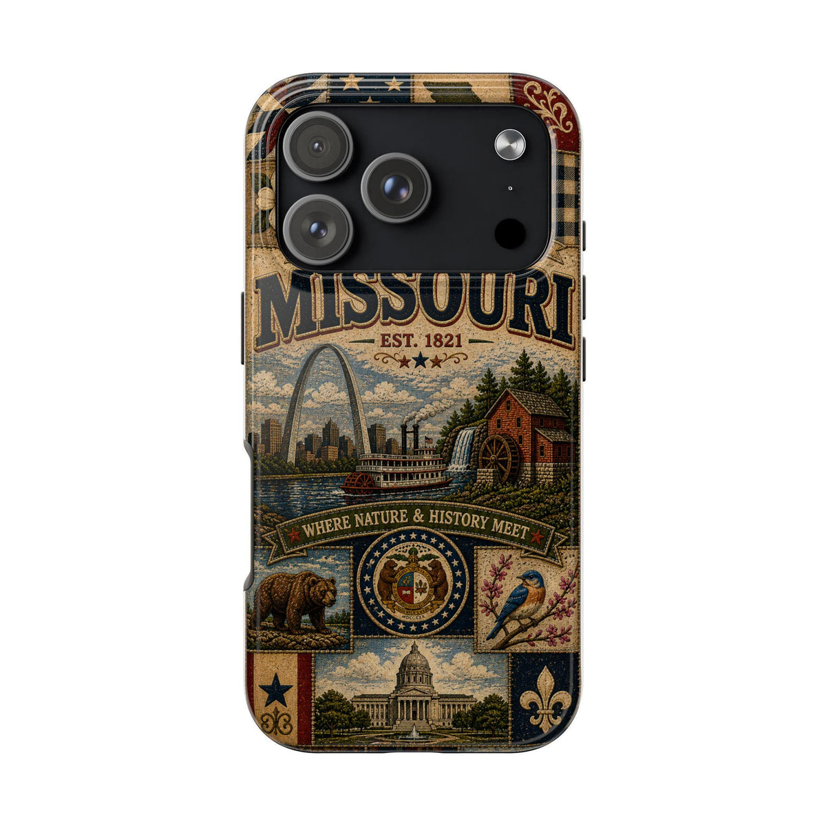 Missouri Faux Patchwork Phone Case Show Me State Gateway Arch Riverboat Retro iPhone Cover