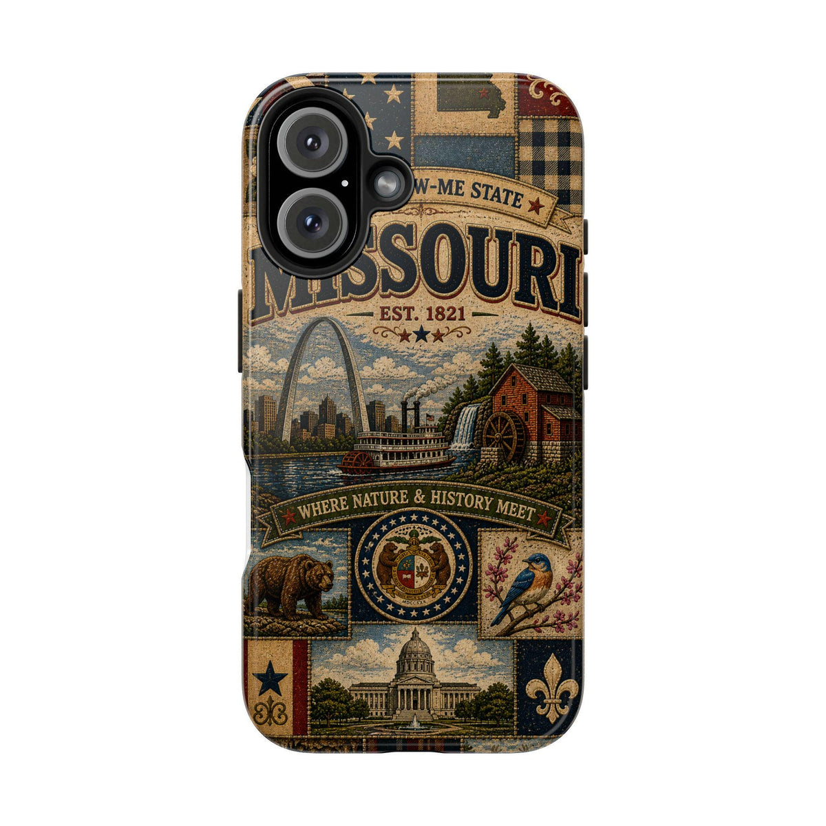Missouri Faux Patchwork Phone Case Show Me State Gateway Arch Riverboat Retro iPhone Cover