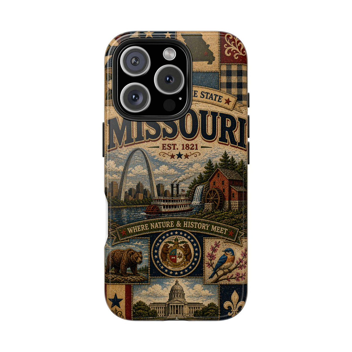 Missouri Faux Patchwork Phone Case Show Me State Gateway Arch Riverboat Retro iPhone Cover
