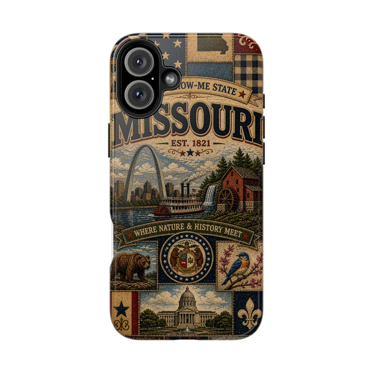 Missouri Faux Patchwork Phone Case Show Me State Gateway Arch Riverboat Retro iPhone Cover