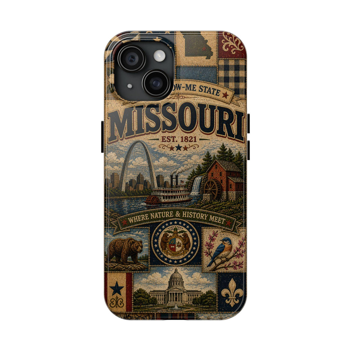 Missouri Faux Patchwork Phone Case Show Me State Gateway Arch Riverboat Retro iPhone Cover
