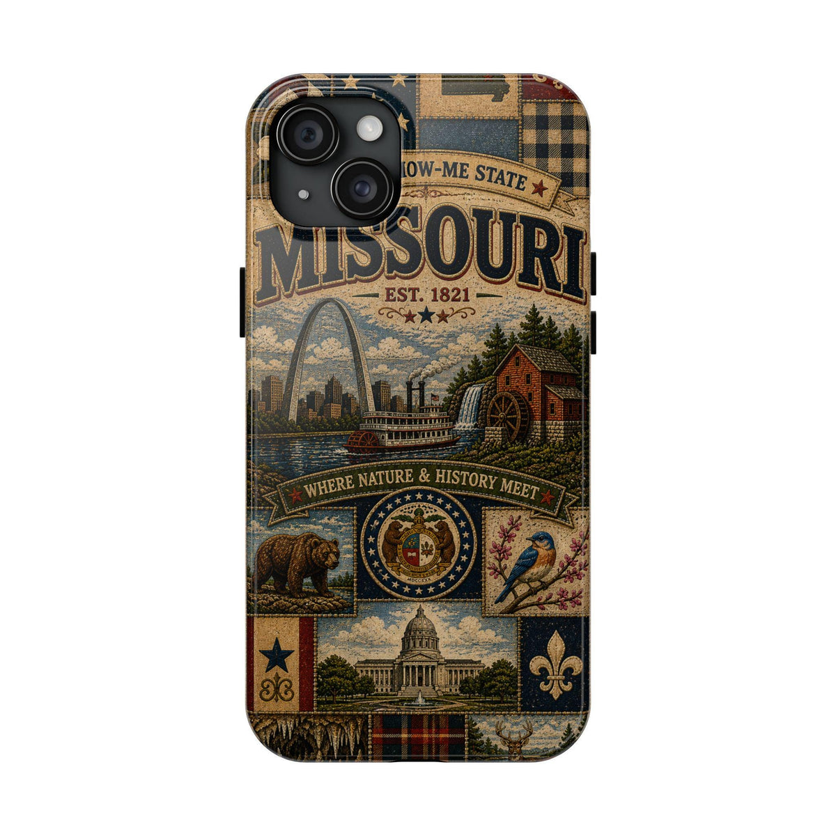 Missouri Faux Patchwork Phone Case Show Me State Gateway Arch Riverboat Retro iPhone Cover