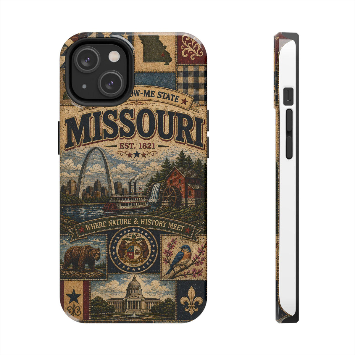 Missouri Faux Patchwork Phone Case Show Me State Gateway Arch Riverboat Retro iPhone Cover