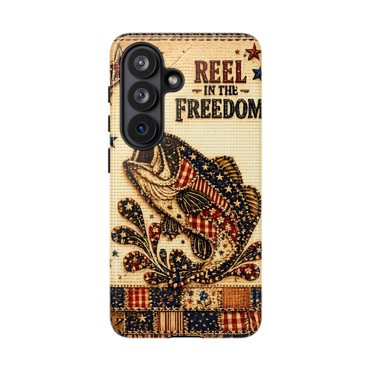 Reel in the Freedom Phone Case Patriotic Fishing Faux Patchwork Americana iPhone Samsung Galaxy Cover