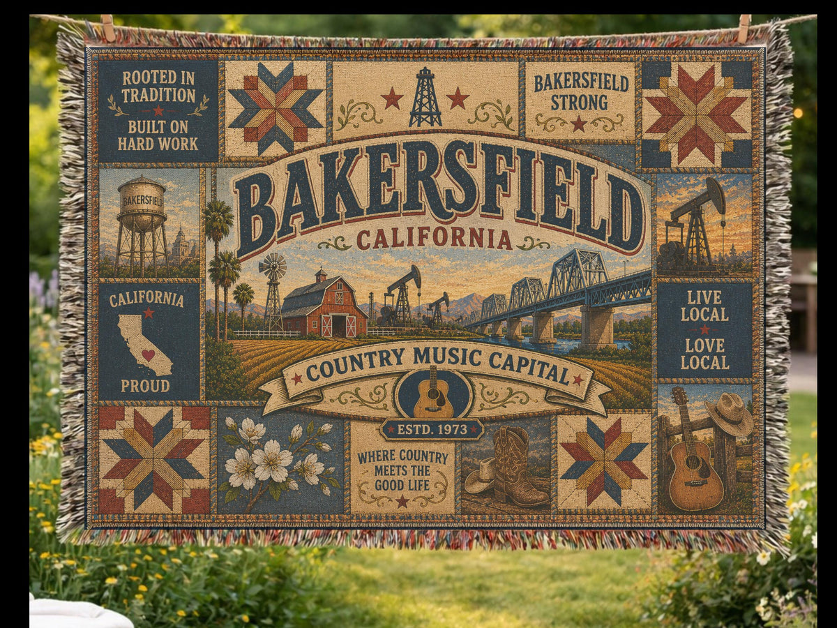Bakersfield California Faux Patchwork Woven Blanket Country Music Capital Vintage Quilt Barn Oil Fields Rustic Americana Throw EST 1973