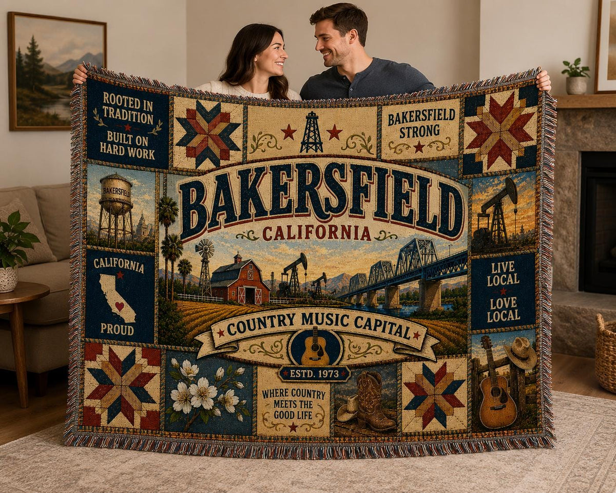 Bakersfield California Faux Patchwork Woven Blanket Country Music Capital Vintage Quilt Barn Oil Fields Rustic Americana Throw EST 1973