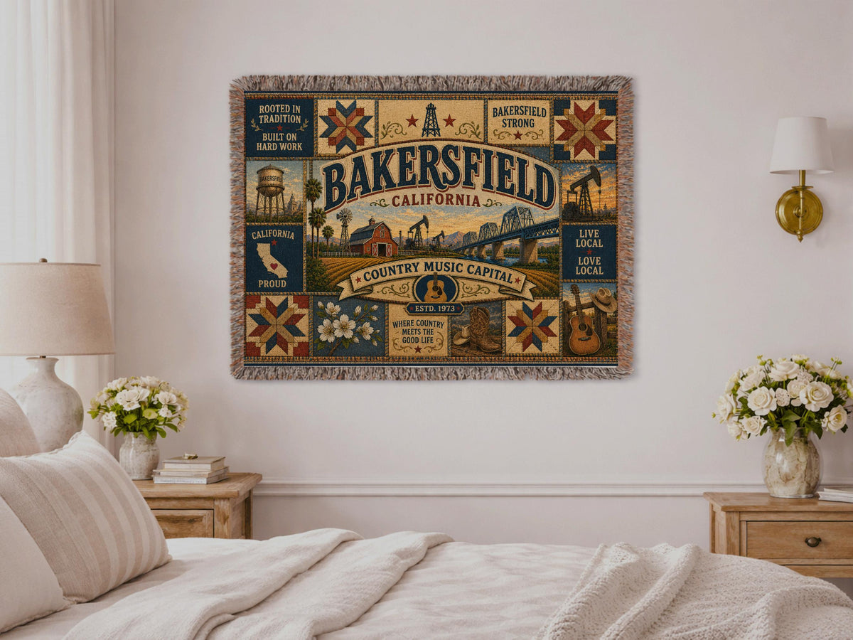Bakersfield California Faux Patchwork Woven Blanket Country Music Capital Vintage Quilt Barn Oil Fields Rustic Americana Throw EST 1973