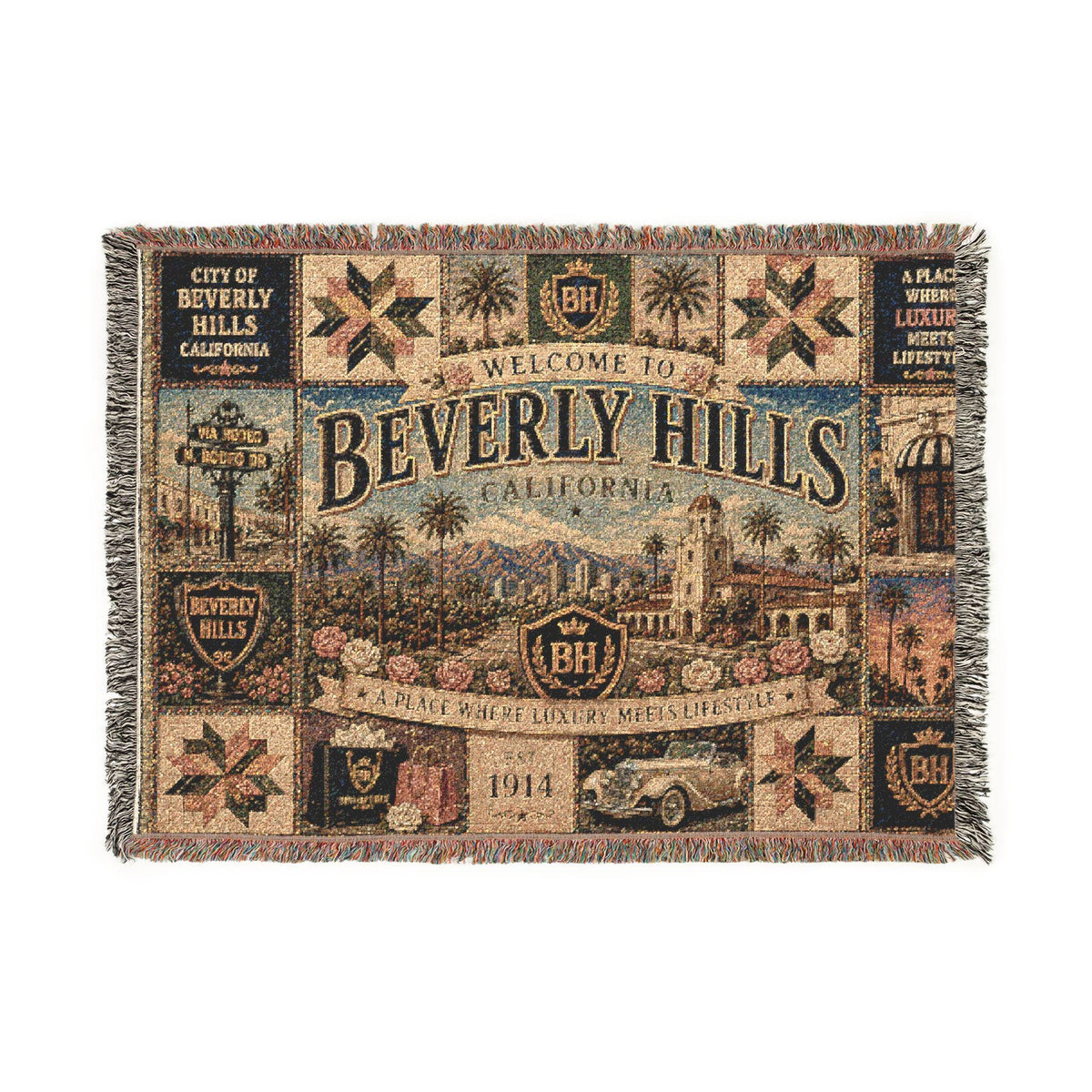 Beverly Hills California Faux Patchwork Woven Blanket Luxury City Vintage Quilt Palm Trees Elegant Americana Wall Throw