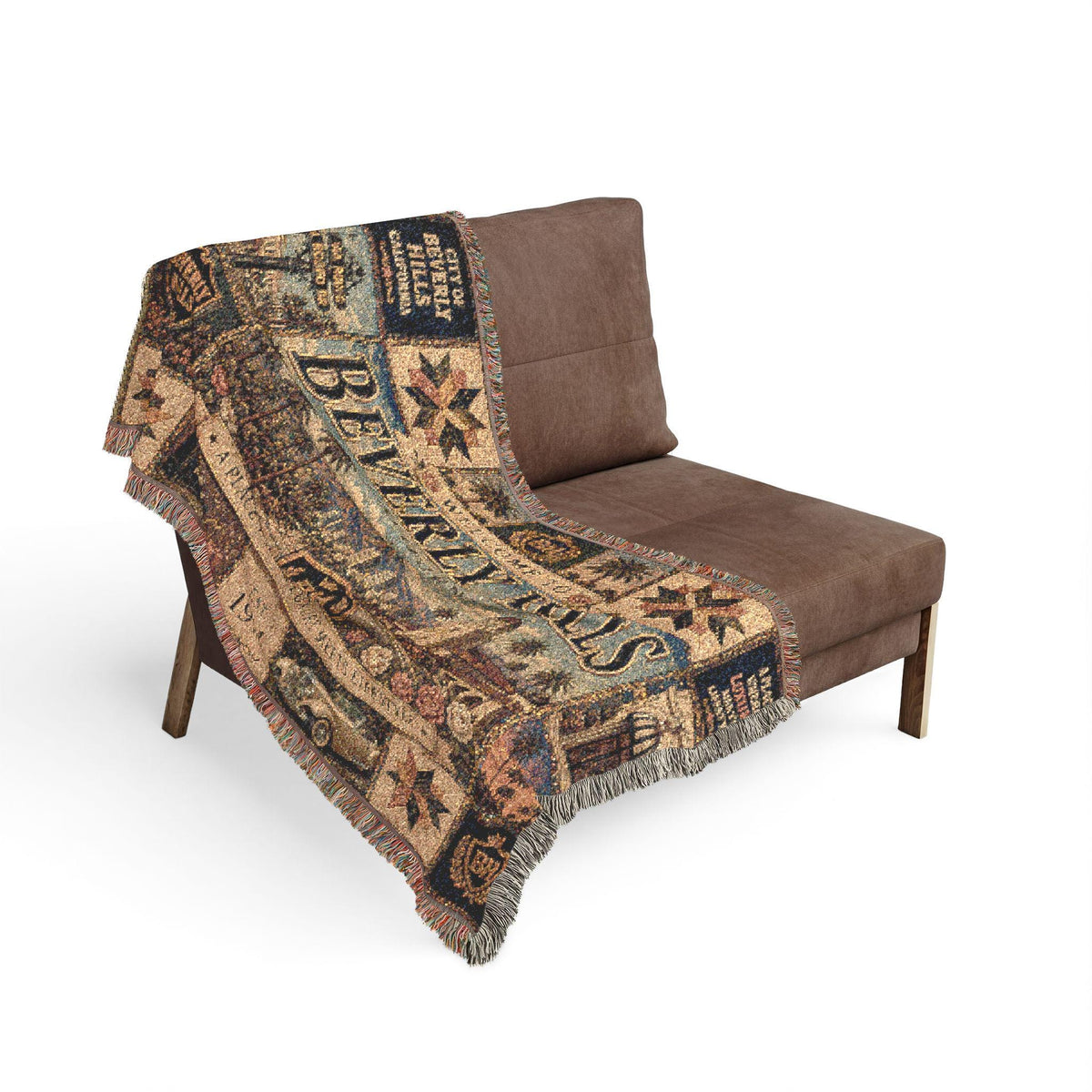 Beverly Hills California Faux Patchwork Woven Blanket Luxury City Vintage Quilt Palm Trees Elegant Americana Wall Throw