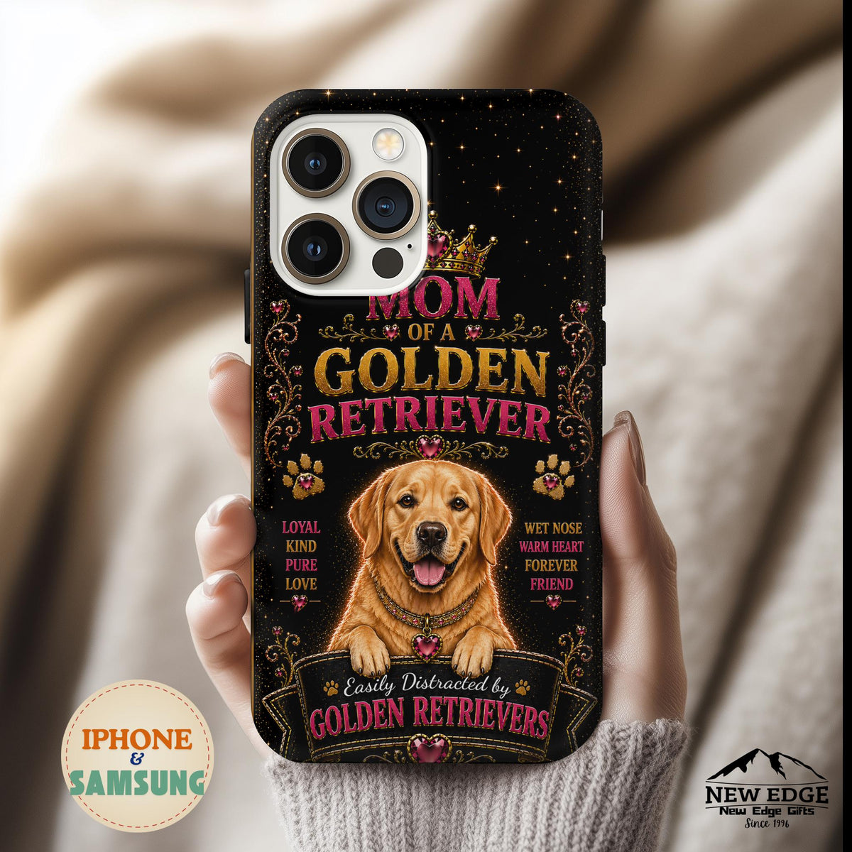 Royal Golden Retriever Glitter Phone Case Easily Distracted by Goldens Dog Mom Gift Vintage iPhone Samsung Cover